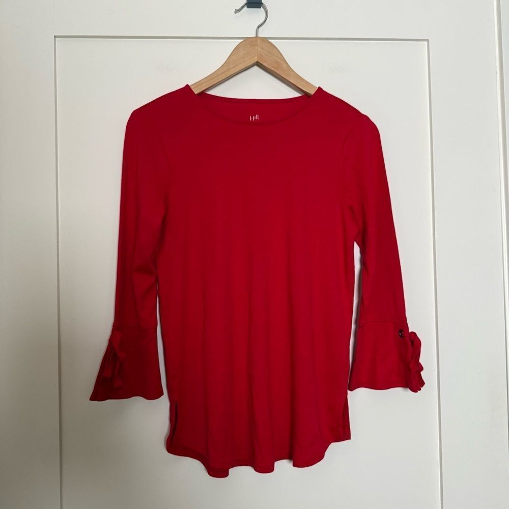 J Jill Pima Tie Sleeve Tee Top XS Red Crewneck Cotton Pullover Stretch Holiday